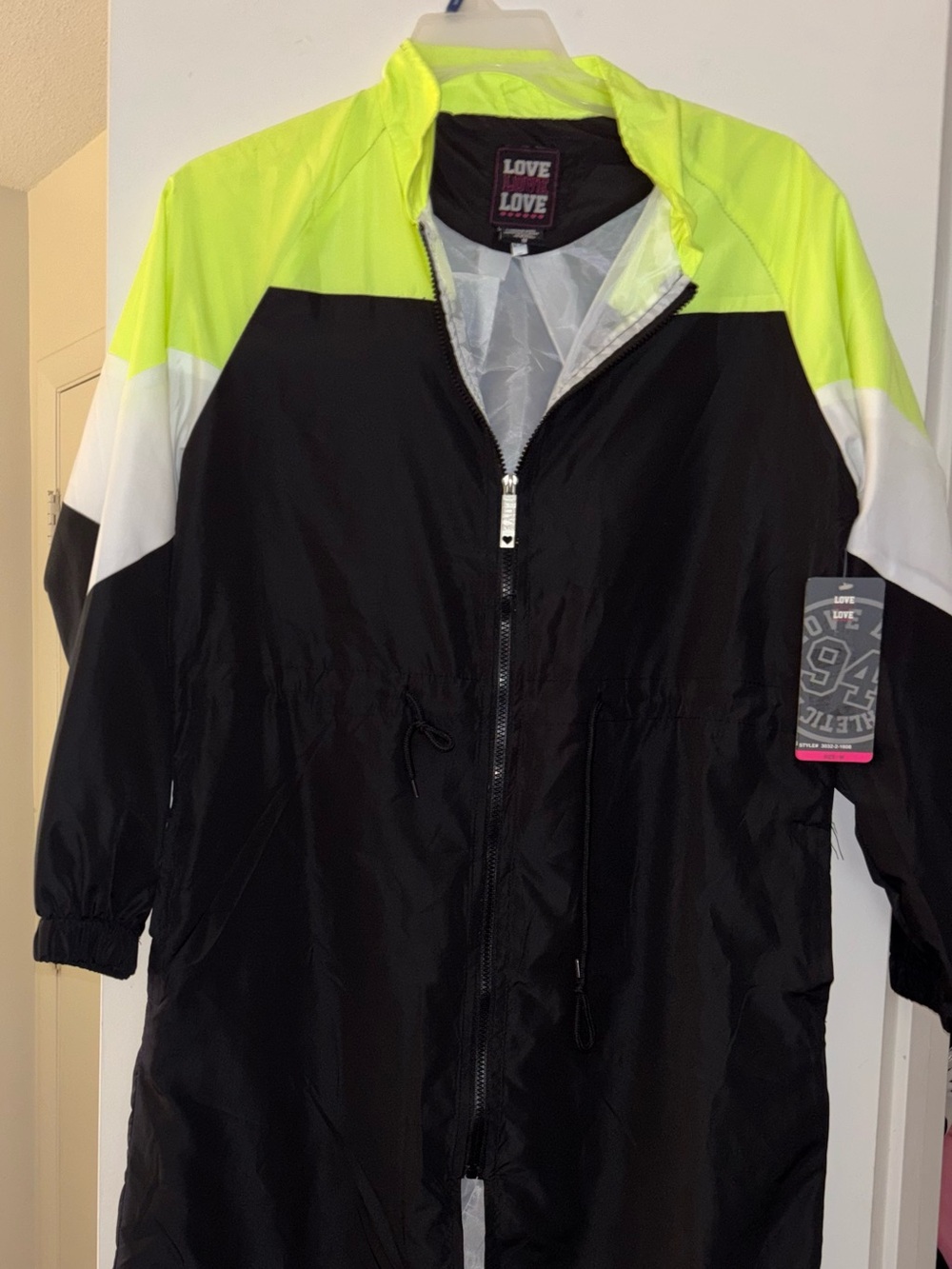 Love Neon Yellow, White & Black Long Bomber Windbreaker Jacket